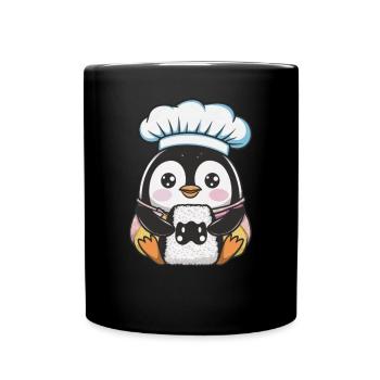 Kawaii Pinguin mit Onigiri Reisball - Tasse einfarbig - Schwarz - Vorne