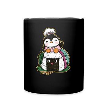 Kawaii Pinguin mit Onigiri Reisball - Tasse einfarbig - Schwarz - Vorne