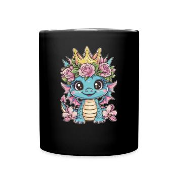Kawaii Dragon with Crown, Roses and Orchids - Full Colour Mug - black - Front