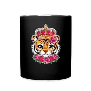 Kawaii tiger with crown and magnificent orchids - Full Colour Mug - black - Front