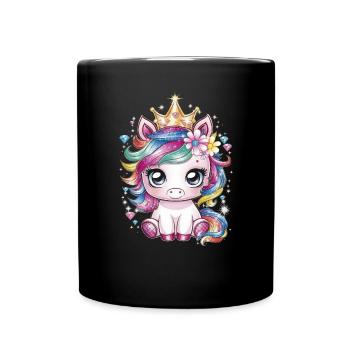 Einhorn mit Blumen und Krone im Kawaii Look - Tasse einfarbig - Schwarz - Vorne