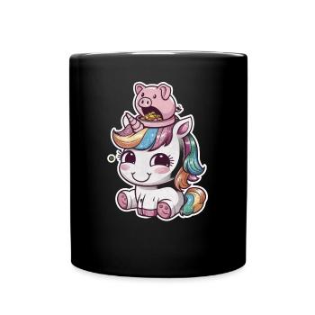 Cool Kawaii Unicorn with Piggy Bank - Full Colour Mug - black - Front