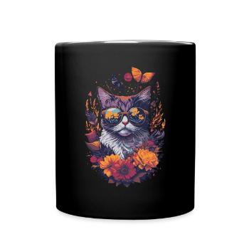 Floral Illustration einer Katze mit Sonnenbrille - Tasse einfarbig - Schwarz - Vorne