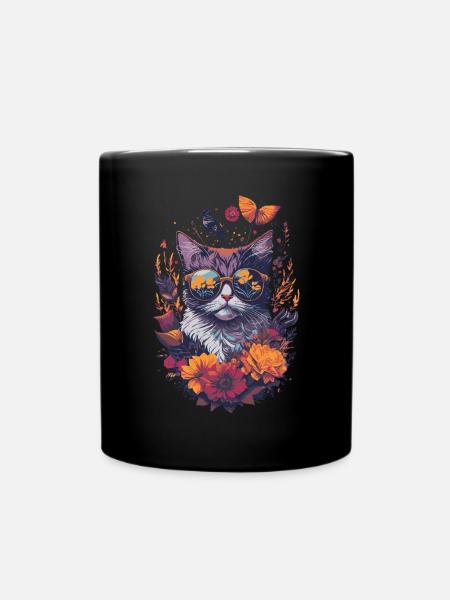 Floral illustration of a cat wearing sunglasses - Full Colour Mug - black