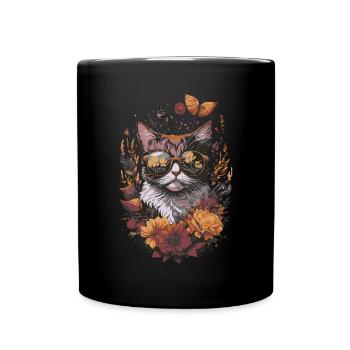 Floral Illustration einer Katze mit Sonnenbrille - Tasse einfarbig - Schwarz - Vorne