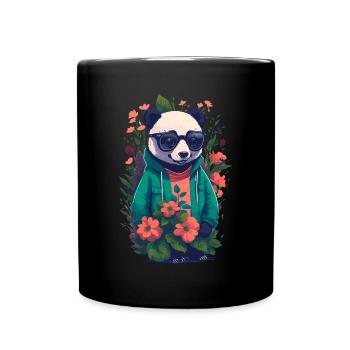 Panda with sunglasses flowers illustration - Full Colour Mug - black - Front