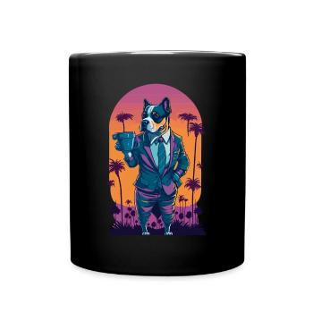 80's Illustration eines Hundes mit Kaffeetasse - Tasse einfarbig - Schwarz - Vorne