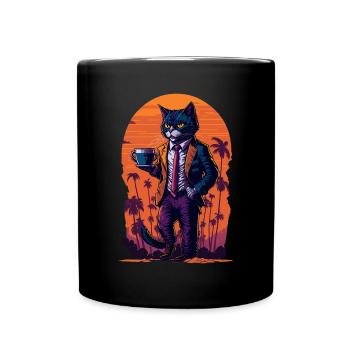80's illustration of a cat with a coffee cup - Full Colour Mug - black - Front