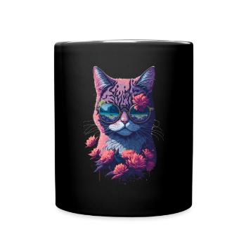 Illustration d’un chat portant des lunettes de soleil - Mug uni - noir - Devant