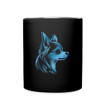 Chihuahua, Long Hair, Dog Head, Blue Drawing - Full Colour Mug - black - Front