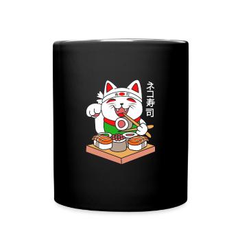 Maneki Neko Japan Glücksbringer Sushi - Tasse einfarbig - Schwarz - Vorne
