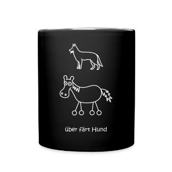 über färt hund, lustiges Pferd mit Rädern und Hund - Tasse einfarbig - Schwarz - Vorne
