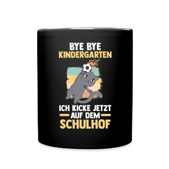 Schulkind Schulbeginn Fußball Katze Einschulung - Tasse einfarbig - Schwarz - Vorne