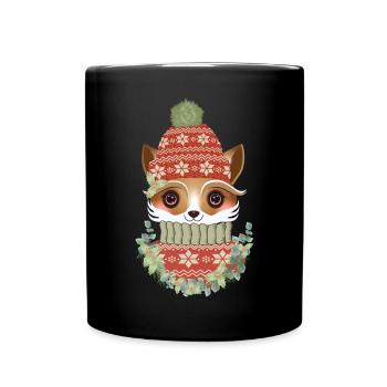 cute fox with sweater, bobble hat & wreath - Full Colour Mug - black - Front