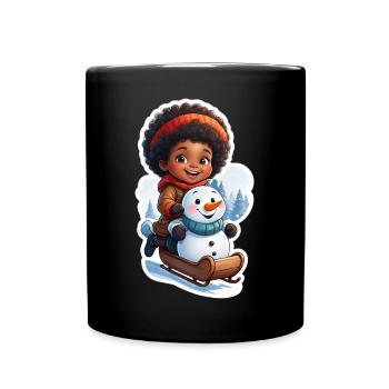 Bonhomme de neige adapté aux enfants sur le traîneau - Mug uni - noir - Devant
