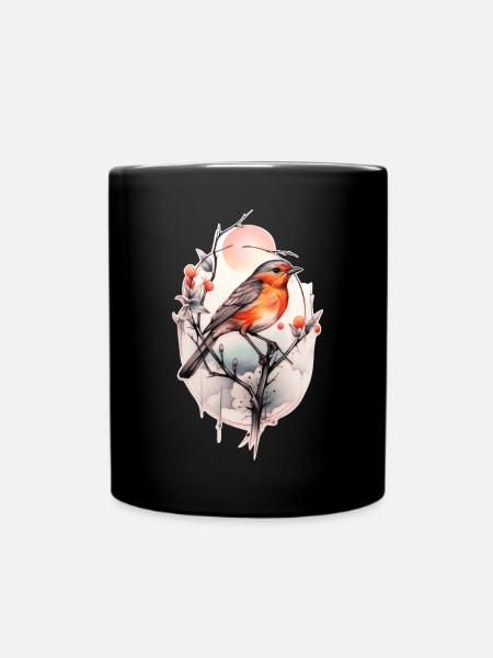 Rotkehlchen auf einem Ast - TattooStyle - Tasse einfarbig - Schwarz