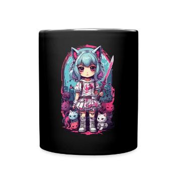 Kawaii Samurai Cat Girl Anime Otaku Design - Full Colour Mug - black - Front
