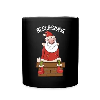 Weihnachtsmann am Kamin Cartoon Bescherung - Tasse einfarbig - Schwarz - Vorne