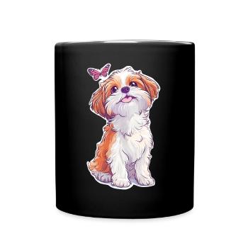 Shih Tzu und Schmetterling - Tasse einfarbig - Schwarz - Vorne