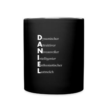 Namensbeschreibung Daniel, Geschenkidee, Spruch - Tasse einfarbig - Schwarz - Vorne