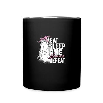 Lustiges Bauerngeschenk essen Schlaf reiten Pferde wiederholen - Tasse einfarbig - Schwarz - Vorne