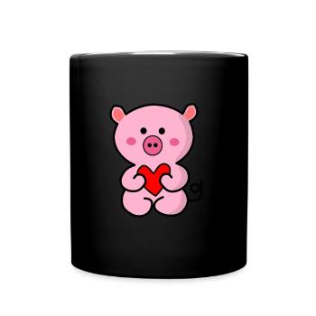 Niedliches Schwein, das Herz hält - Tasse einfarbig - Schwarz - Vorne