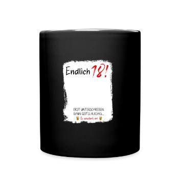 Endlich 18 Gästebuch 18. Geburtstag Alkohol - Tasse einfarbig - Schwarz - Vorne