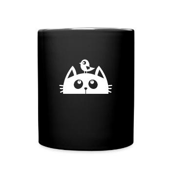 Katze Vogel niedlich - Tasse einfarbig - Schwarz - Vorne