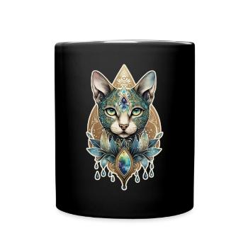 Geometrisches Katzen Mandala Aquarell Katze Tier - Tasse einfarbig - Schwarz - Vorne