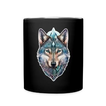 Wolf Aquarell Wald Waldtier Wildtier Mandala Tier - Tasse einfarbig - Schwarz - Vorne