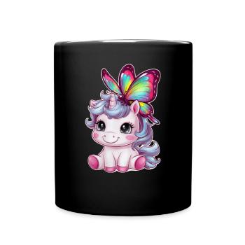 Licorne Kawaii mignonne avec papillon - Mug uni - noir - Devant