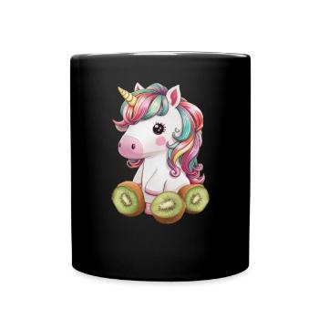 Cartoon Kawaii Unicorn with Kiwi - Full Colour Mug - black - Front