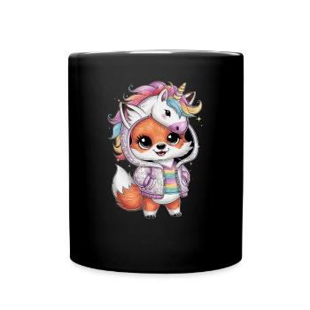 Renard kawaii dans le style dessin animé avec tenue de licorne - Mug uni - noir - Devant