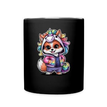 Renard kawaii dans le style dessin animé avec tenue de licorne - Mug uni - noir - Devant