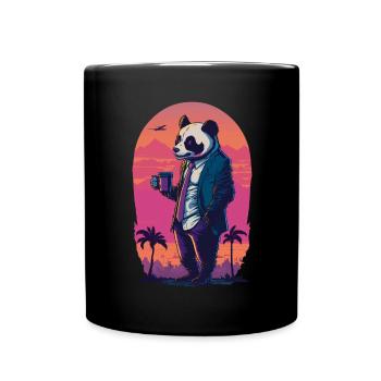 80's Illustration eines Pandas mit Kaffeetasse - Tasse einfarbig - Schwarz - Vorne