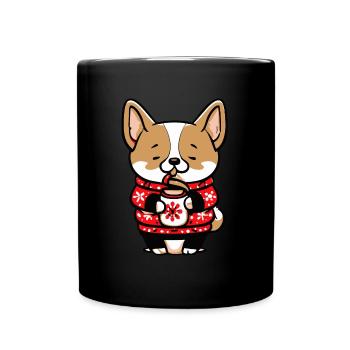 Dog drinks coffee in Christmas sweater - Full Colour Mug - black - Front