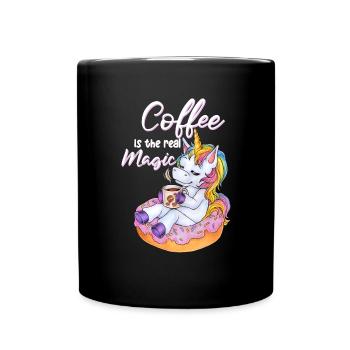 Niedliches Einhorn im Donut mit Kaffee Pause - Tasse einfarbig - Schwarz - Vorne