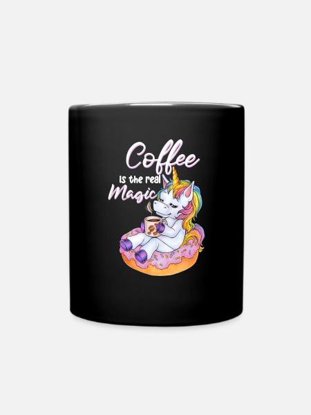 Niedliches Einhorn im Donut mit Kaffee Pause - Tasse einfarbig - Schwarz
