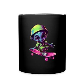 Blau-Pinker Alien Skateboarder: Kosmische Tricks - Tasse einfarbig - Schwarz - Vorne