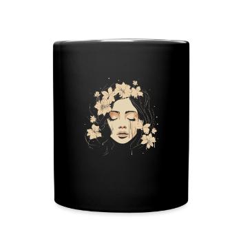 Line Art Drawn Woman with Hat Design - Full Colour Mug - black - Front