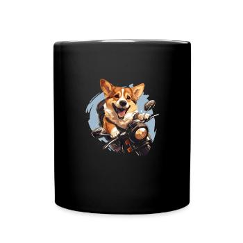 Corgi Dog Biker Riding Motorcycle Kawaii - Full Colour Mug - black - Front