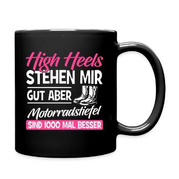 Motorrad Frau Shirt · Superbikerin · Stöckelschuhe - Tasse einfarbig - Schwarz - Rechts