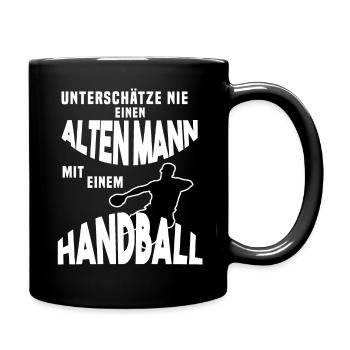 Handball - Unterschätze nie einen alten Mann - Tasse einfarbig - Schwarz - Rechts