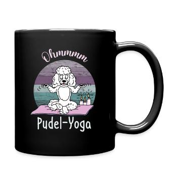 Pudelmotiv, Ohmmmm - weißer Pudel praktiziert Yoga - Tasse einfarbig - Schwarz - Rechts