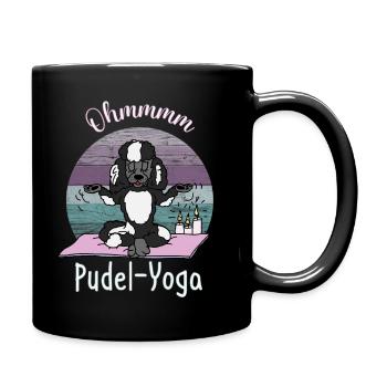 Pudelmotiv - Ohmmmm - Harlekinpudel beim Yoga - Tasse einfarbig - Schwarz - Rechts