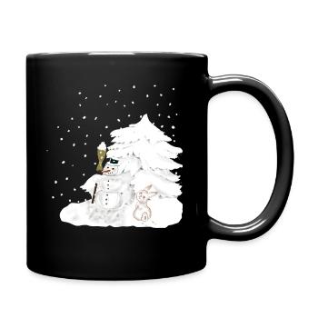 Schneemann und Schneehase in der Winterlandschaft - Tasse einfarbig - Schwarz - Rechts