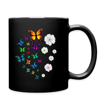 Design mit Schmetterlingen und Blumen - Tasse einfarbig - Schwarz - Rechts