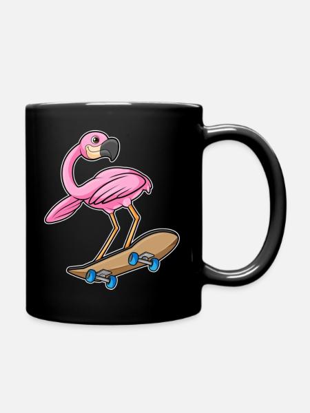 Flamingo as Skater with Skateboard - Full Colour Mug - black