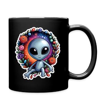 Autocollant drôle avec un extraterrestre amical et des fleurs - Mug uni - noir - Droite