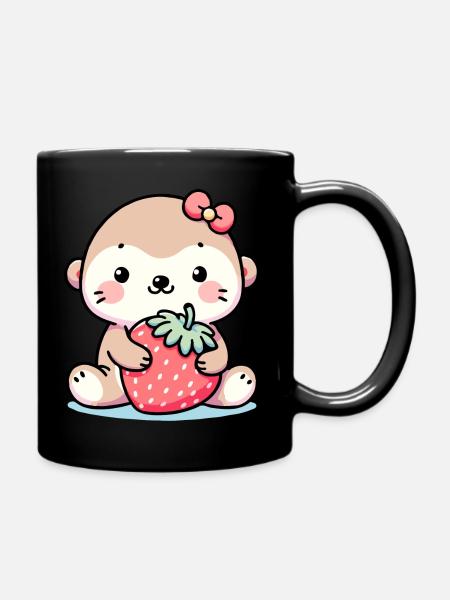 Little otter loves strawberries - Full Colour Mug - black